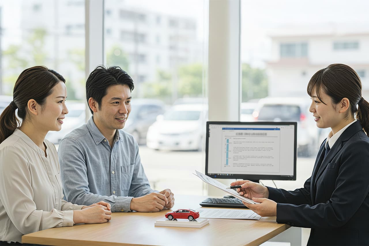 車のショールームで、営業担当の女性から説明を受ける夫婦。
